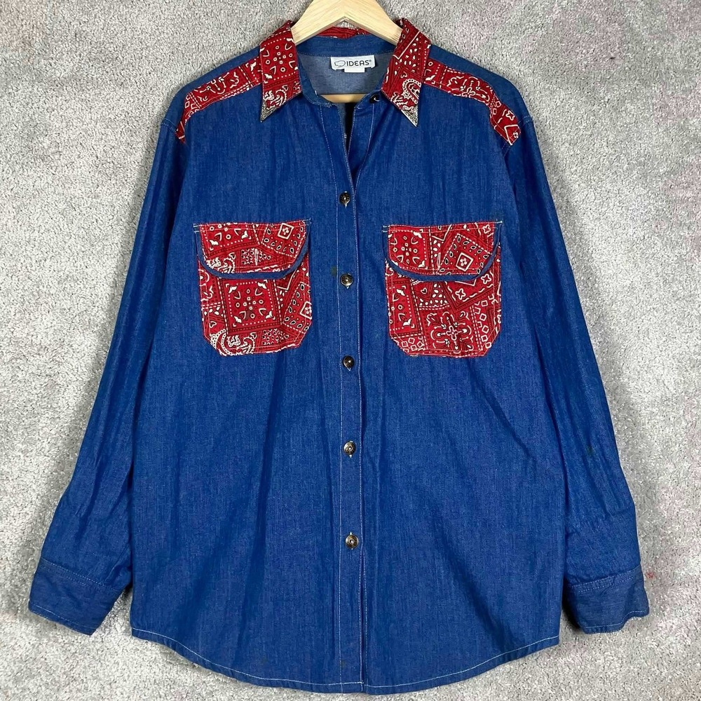 Vintage 90s Bandana Western Denim Shirt Womens Large Long Sleeve Button Down